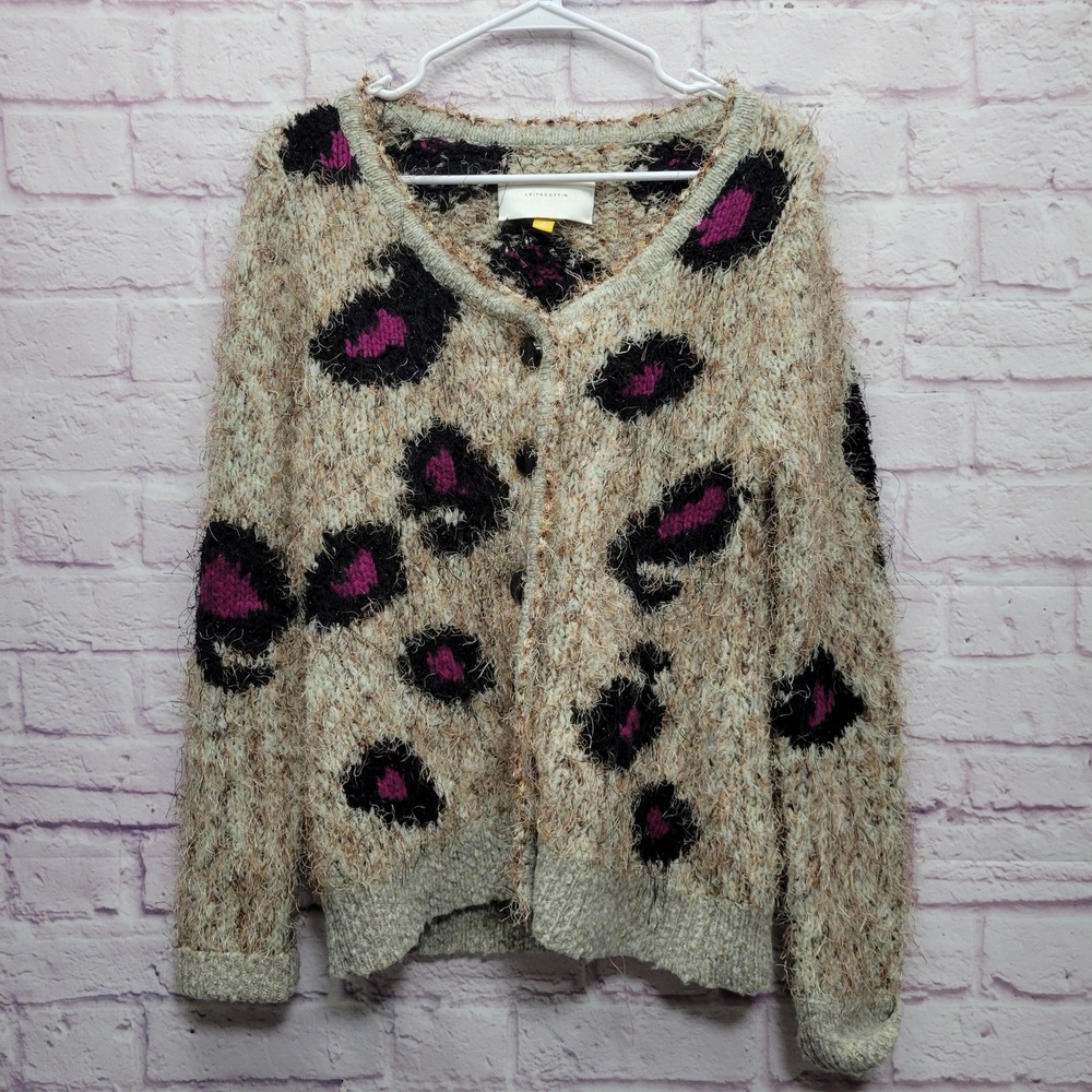 Anthropologie Leifsdottir Fuzzy Leopard Print Cardigan Sweater Sz M Wool‎ Blend